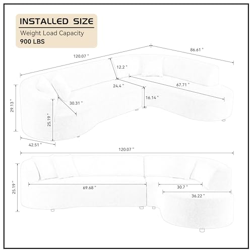 JUSTONE 124.4" Curved Sofa Curved Couch for Living Room, Luxury Sectional Sofa Boucle Sofa Couch with 5 Throw Pillows, 5-Seat Boucle Sectional Curved Couch for Bedroom Apartment (Beige)…
