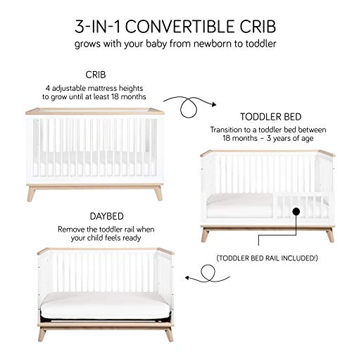 Babyletto Scoot 3-in-1 Convertible Crib with Toddler Bed Conversion Kit in White and Washed Natural, Greenguard Gold Certified