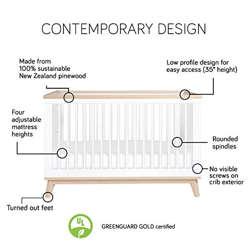 Babyletto Scoot 3-in-1 Convertible Crib with Toddler Bed Conversion Kit in White and Washed Natural, Greenguard Gold Certified