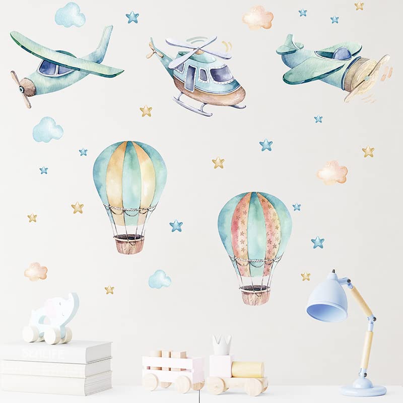 Cartoon Animal Wall Decals Panda Foxes on Hot Air Balloon Wall Stickers for Kids Room Baby Nursery Room Kindergarten Girls Boys Bedroom Stickers Decoration Vinyl Murals Wallpaper