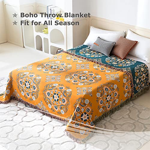 Boho Throw Blanket for Bed - 100% Cotton Ultra Soft Rustic Quilt - Floral Printed Farmhouse Decor Bed Fall Blankets,60"×80" All Season Rustic Large Throw for Sofa Couch Chair