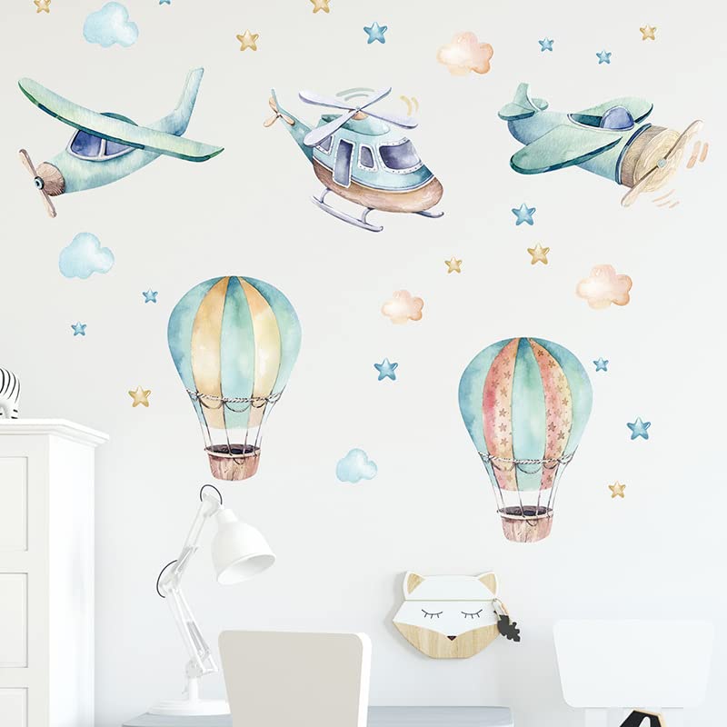 Cartoon Animal Wall Decals Panda Foxes on Hot Air Balloon Wall Stickers for Kids Room Baby Nursery Room Kindergarten Girls Boys Bedroom Stickers Decoration Vinyl Murals Wallpaper