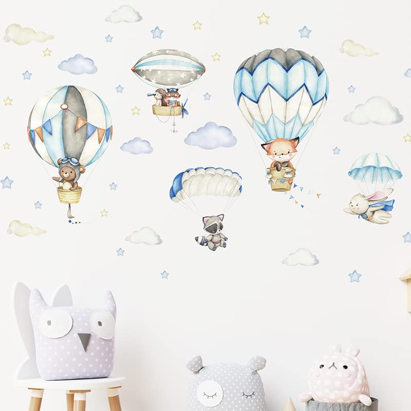 Cartoon Animal Wall Decals Panda Foxes on Hot Air Balloon Wall Stickers for Kids Room Baby Nursery Room Kindergarten Girls Boys Bedroom Stickers Decoration Vinyl Murals Wallpaper