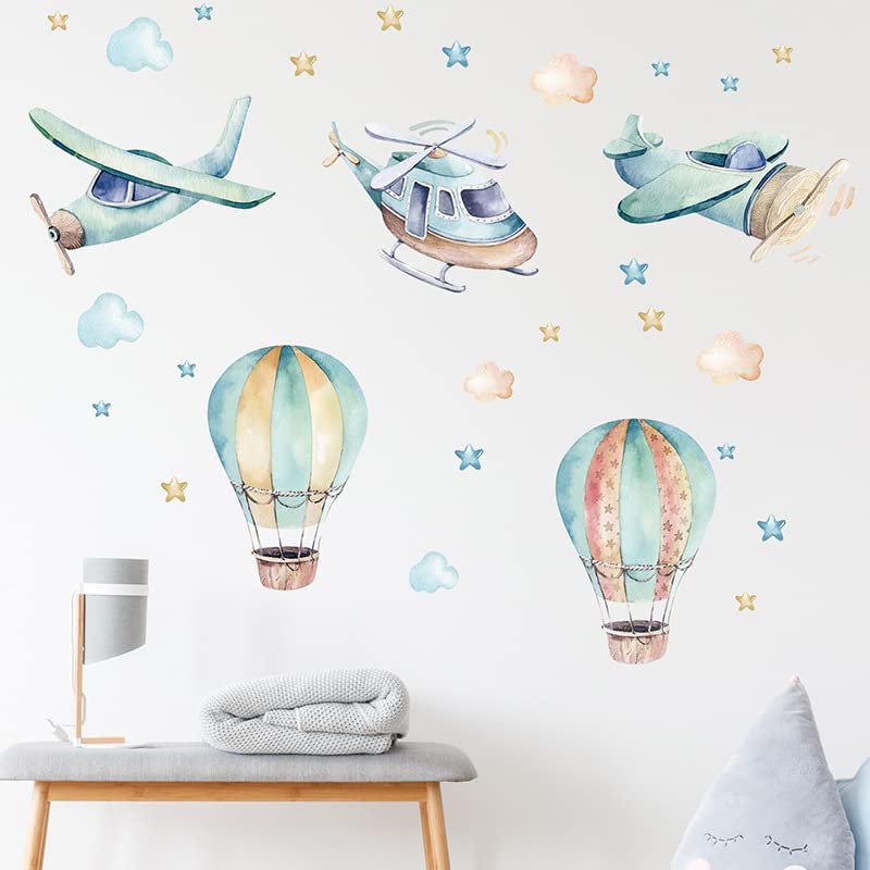 Cartoon Animal Wall Decals Panda Foxes on Hot Air Balloon Wall Stickers for Kids Room Baby Nursery Room Kindergarten Girls Boys Bedroom Stickers Decoration Vinyl Murals Wallpaper