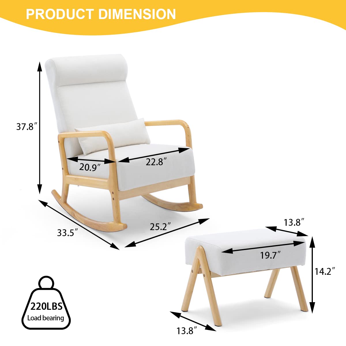 HOMREST Rocking Chair with Ottoman, Mid-Century Modern Upholstered Nursery Rocking Armchair with Footrest& Thick Padded Cushion for Living Baby Room, Bedroom（White）