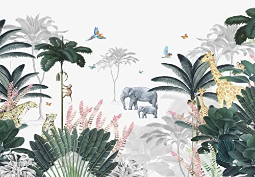 Kids Wallpaper Tropical Leaves and Safari Animals Mural Wallpaper for Bedroom TV Background Sofa Wall (not self-Adhesive)