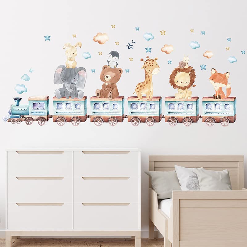 Cartoon Animal Wall Decals Panda Foxes on Hot Air Balloon Wall Stickers for Kids Room Baby Nursery Room Kindergarten Girls Boys Bedroom Stickers Decoration Vinyl Murals Wallpaper