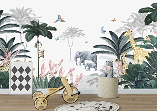 Kids Wallpaper Tropical Leaves and Safari Animals Mural Wallpaper for Bedroom TV Background Sofa Wall (not self-Adhesive)