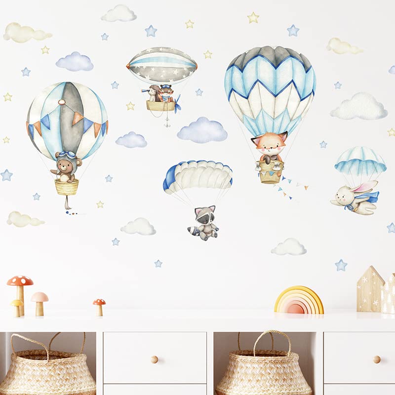 Cartoon Animal Wall Decals Panda Foxes on Hot Air Balloon Wall Stickers for Kids Room Baby Nursery Room Kindergarten Girls Boys Bedroom Stickers Decoration Vinyl Murals Wallpaper