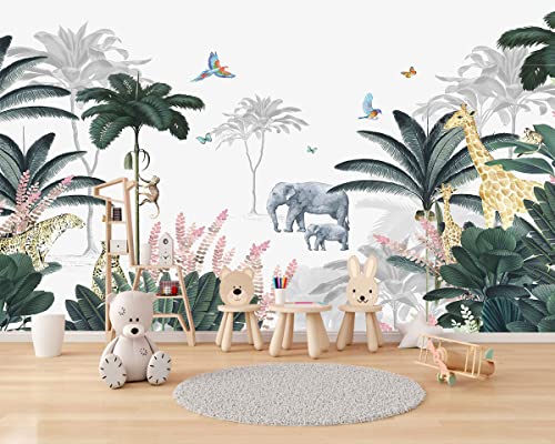 Kids Wallpaper Tropical Leaves and Safari Animals Mural Wallpaper for Bedroom TV Background Sofa Wall (not self-Adhesive)