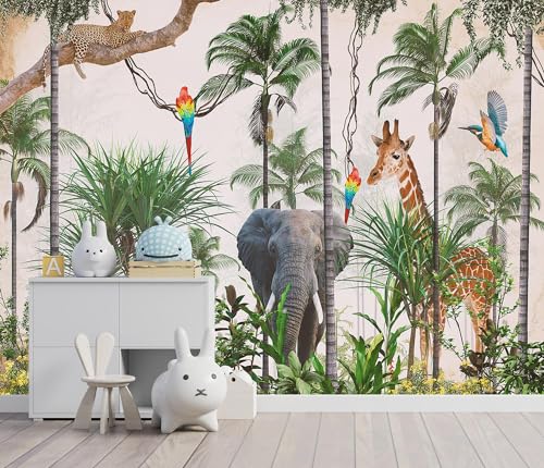 3D Safari Wallpaper Tropical Jungle and Animals Plant Wallpaper Mural for Bedroom Kids Room (Not Peel and Stick)