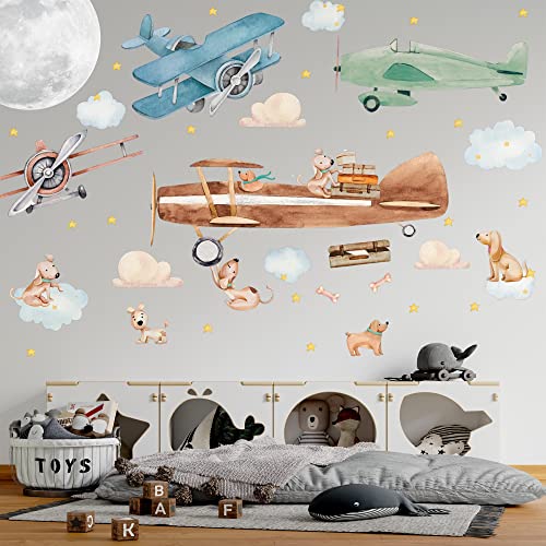 Large Airplane Wall Decals for Kids by Lipastick - 47 pcs Premium Kids Wall Stickers Aircrafts - Creative Nursery Wall Decal - Plane Vinyl Wall Decals for Baby Nursery Children Room Bedroom S Size