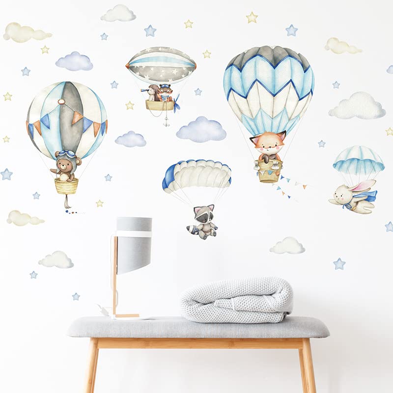 Cartoon Animal Wall Decals Panda Foxes on Hot Air Balloon Wall Stickers for Kids Room Baby Nursery Room Kindergarten Girls Boys Bedroom Stickers Decoration Vinyl Murals Wallpaper