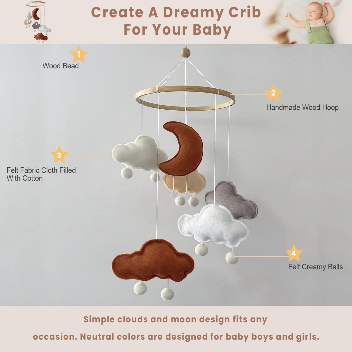 Baby Mobile for Crib - Boho Crib Mobile - Felt Cloud Mobile - Gender Neutral Baby Mobile - Boho Nursery Decor - Crib Mobile for Girls, Boys - Mobile for Bassinet, Pack N Play - Cloud