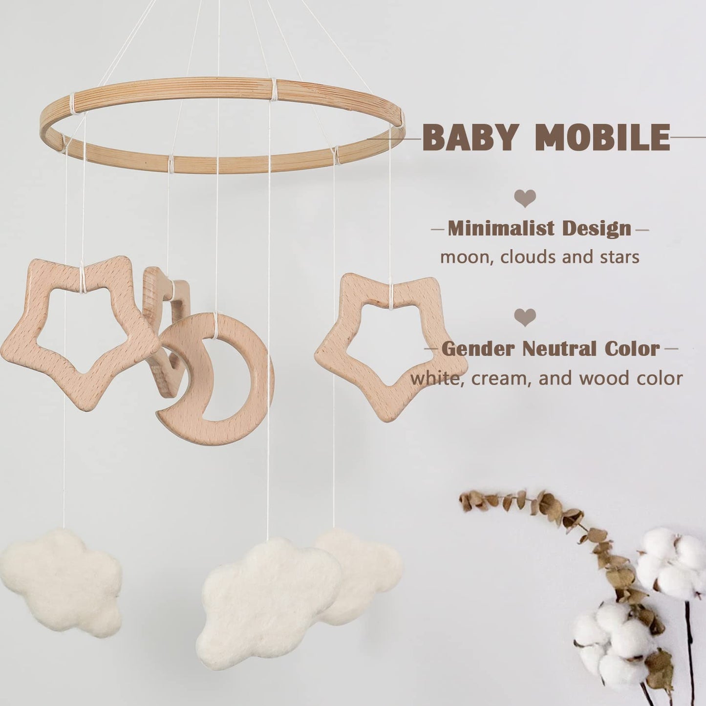 Baby Mobile for Crib - Boho Crib Mobile - Felt Cloud Mobile - Gender Neutral Baby Mobile - Boho Nursery Decor - Crib Mobile for Girls, Boys - Mobile for Bassinet, Pack N Play - Cloud