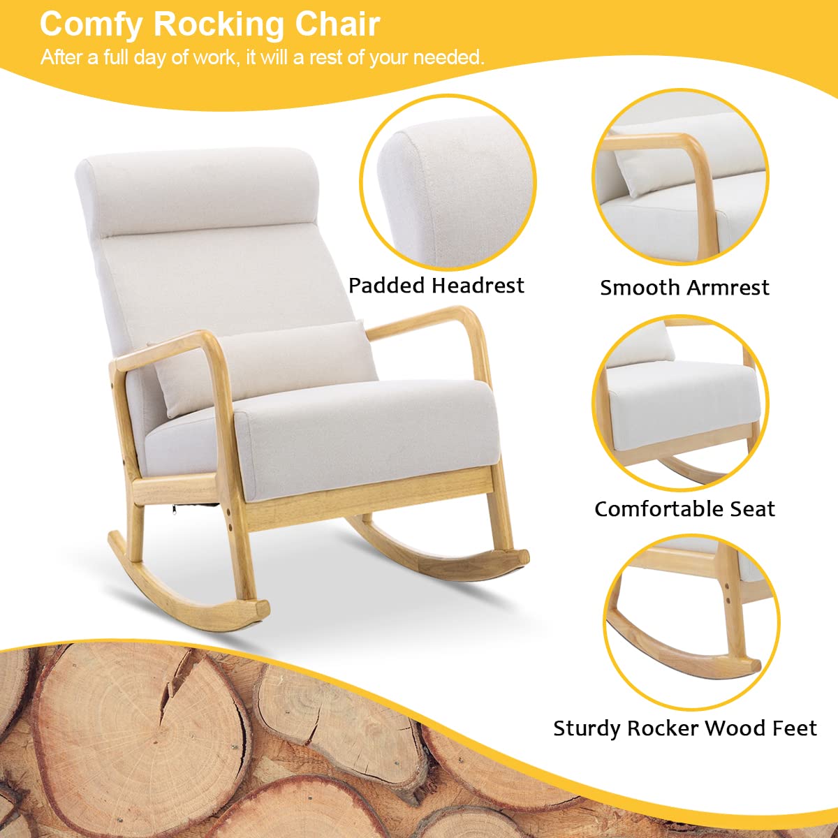 HOMREST Rocking Chair with Ottoman, Mid-Century Modern Upholstered Nursery Rocking Armchair with Footrest& Thick Padded Cushion for Living Baby Room, Bedroom（White）