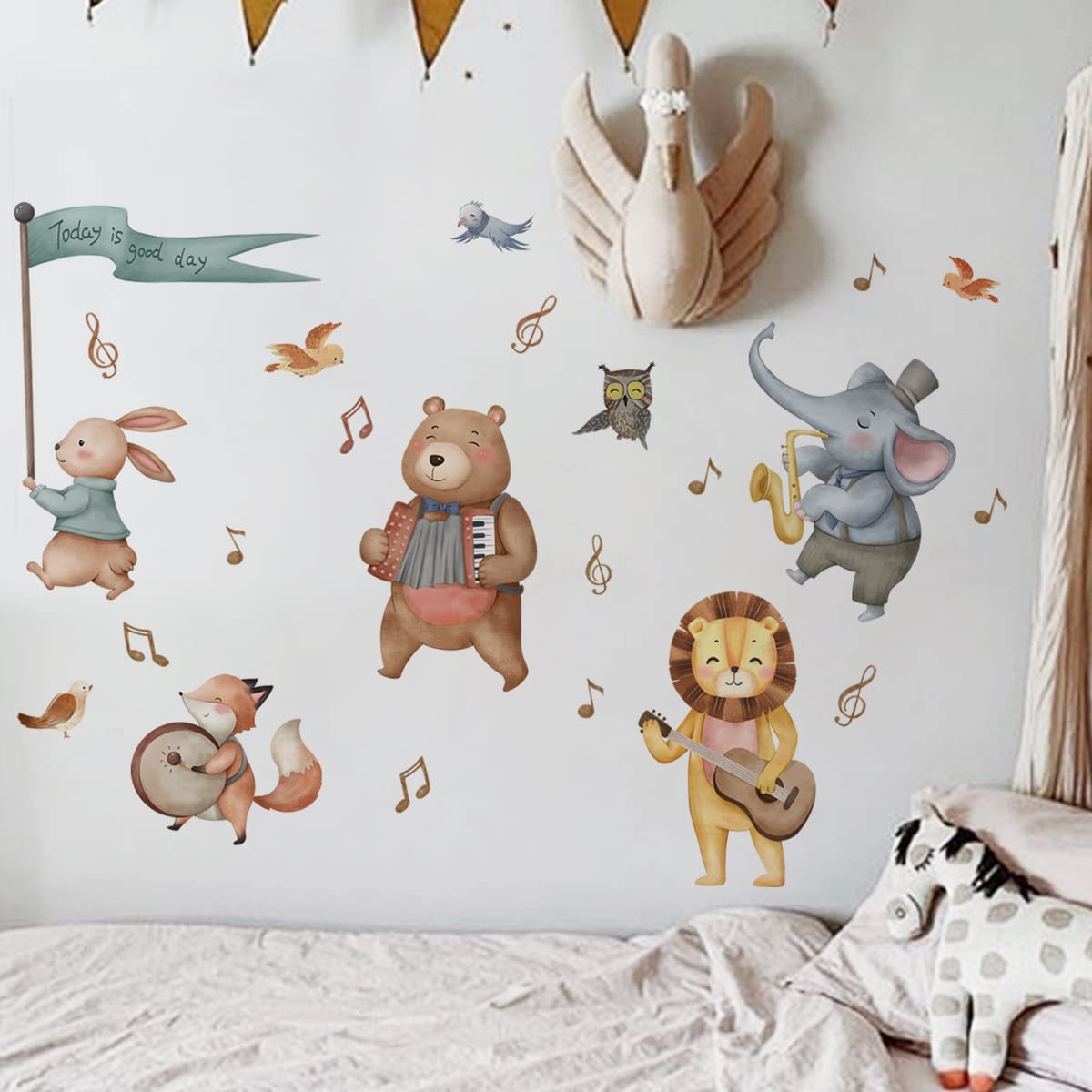 Cartoon Animal Wall Decals Panda Foxes on Hot Air Balloon Wall Stickers for Kids Room Baby Nursery Room Kindergarten Girls Boys Bedroom Stickers Decoration Vinyl Murals Wallpaper