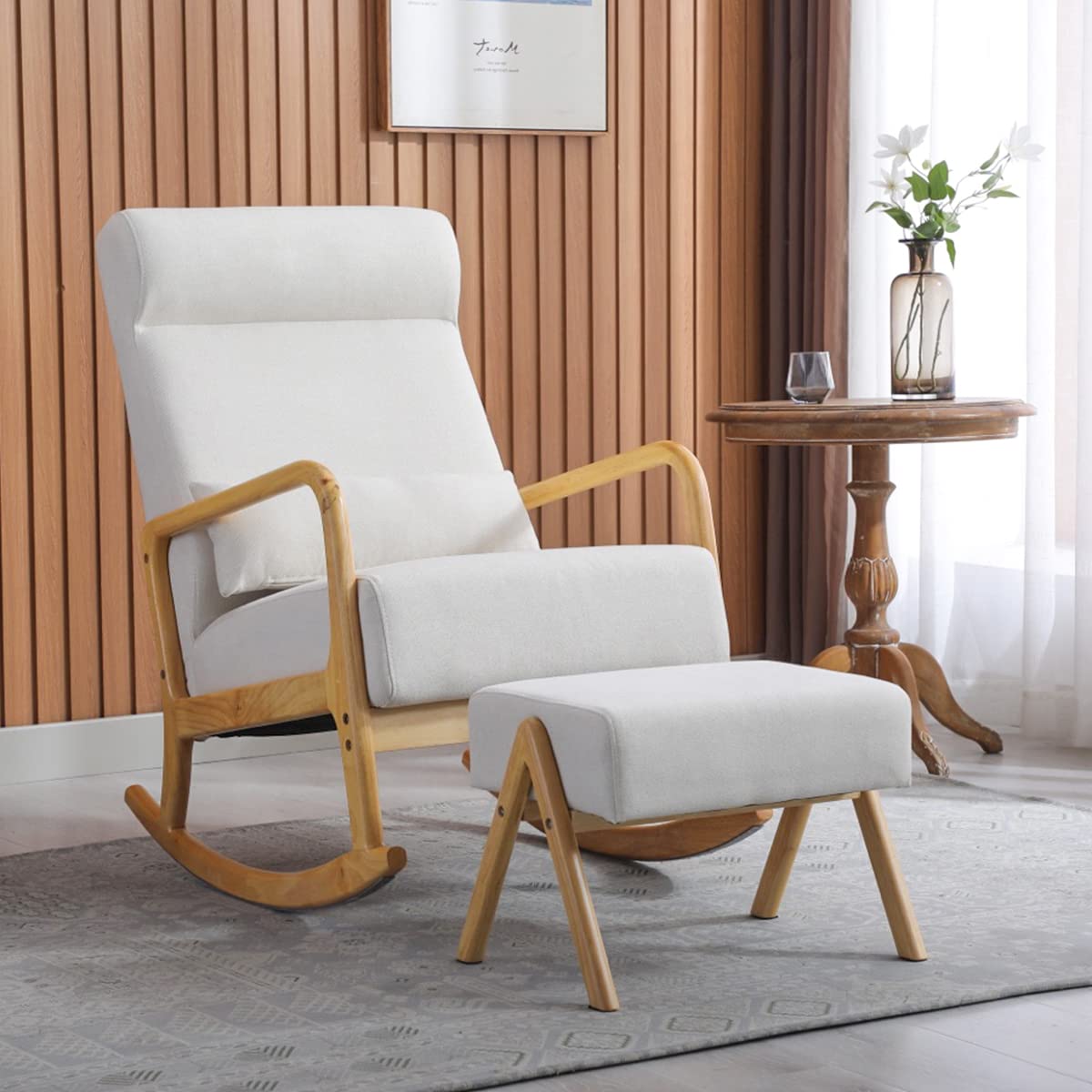 HOMREST Rocking Chair with Ottoman, Mid-Century Modern Upholstered Nursery Rocking Armchair with Footrest& Thick Padded Cushion for Living Baby Room, Bedroom（White）