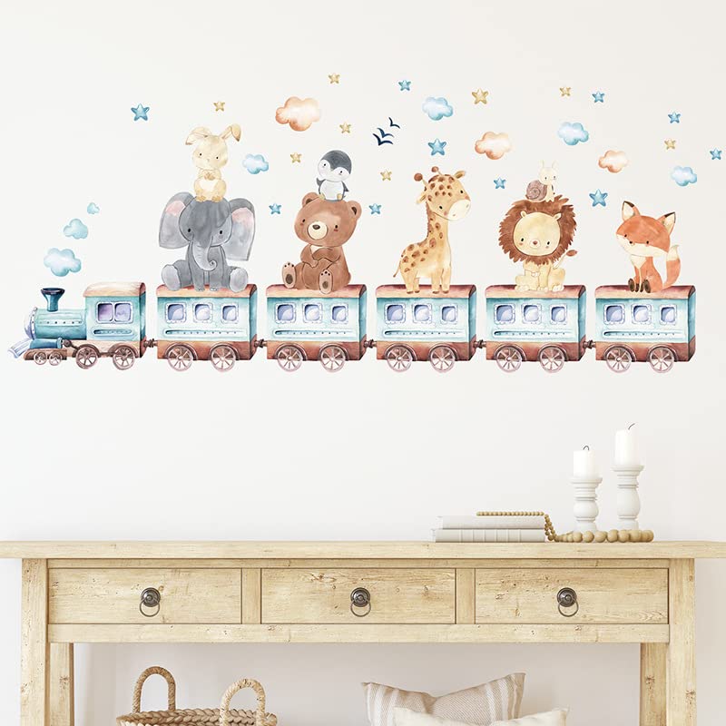 Cartoon Animal Wall Decals Panda Foxes on Hot Air Balloon Wall Stickers for Kids Room Baby Nursery Room Kindergarten Girls Boys Bedroom Stickers Decoration Vinyl Murals Wallpaper