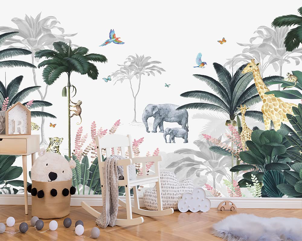 Kids Wallpaper Tropical Leaves and Safari Animals Mural Wallpaper for Bedroom TV Background Sofa Wall (not self-Adhesive)