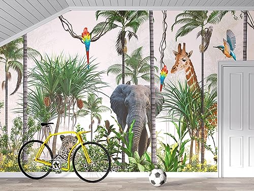 3D Safari Wallpaper Tropical Jungle and Animals Plant Wallpaper Mural for Bedroom Kids Room (Not Peel and Stick)