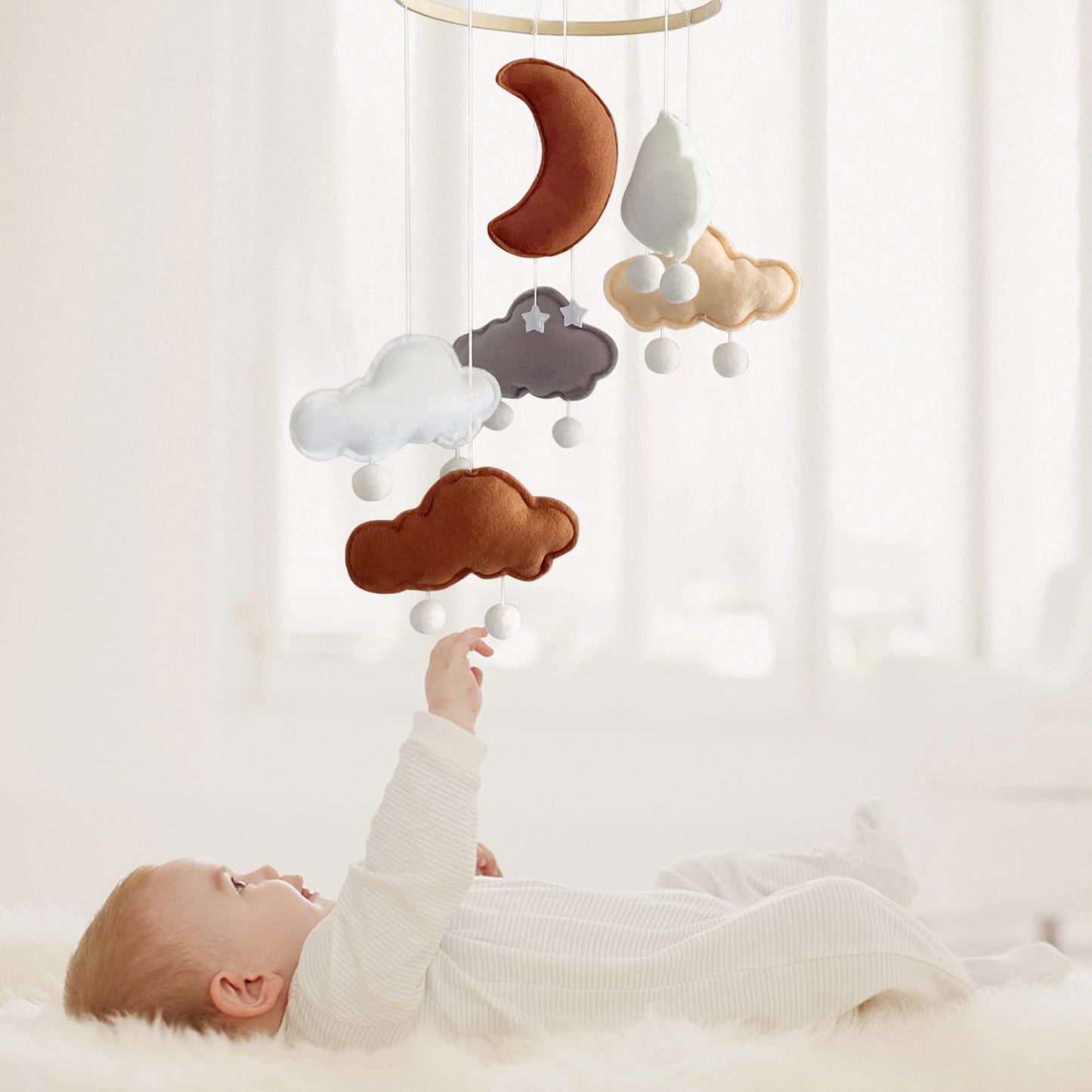 Baby Mobile for Crib - Boho Crib Mobile - Felt Cloud Mobile - Gender Neutral Baby Mobile - Boho Nursery Decor - Crib Mobile for Girls, Boys - Mobile for Bassinet, Pack N Play - Cloud