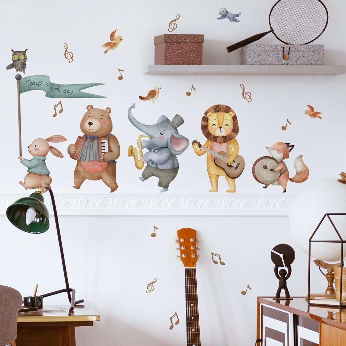 Cartoon Animal Wall Decals Panda Foxes on Hot Air Balloon Wall Stickers for Kids Room Baby Nursery Room Kindergarten Girls Boys Bedroom Stickers Decoration Vinyl Murals Wallpaper