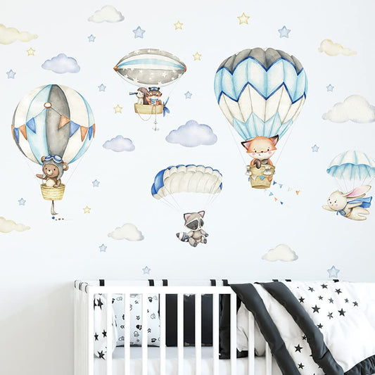 Cartoon Animal Wall Decals Panda Foxes on Hot Air Balloon Wall Stickers for Kids Room Baby Nursery Room Kindergarten Girls Boys Bedroom Stickers Decoration Vinyl Murals Wallpaper