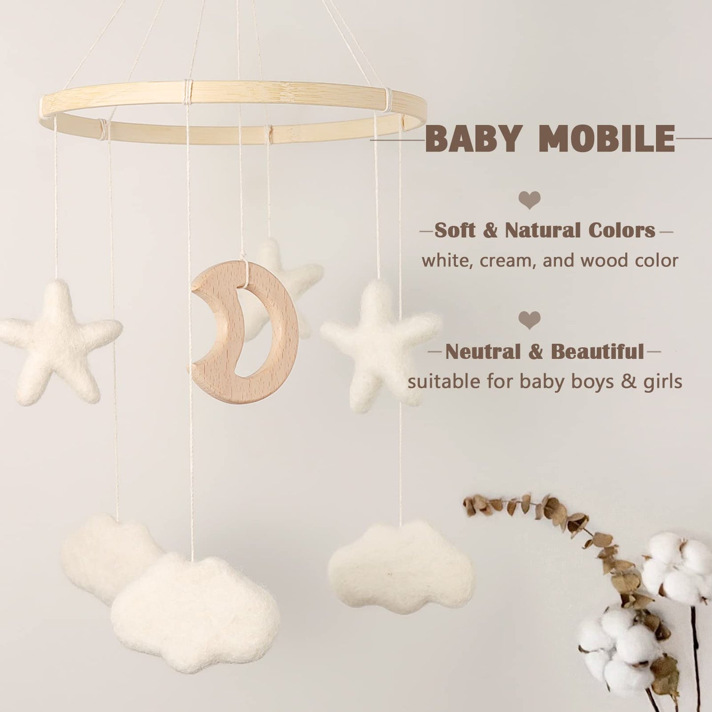 Baby Mobile for Crib - Boho Crib Mobile - Felt Cloud Mobile - Gender Neutral Baby Mobile - Boho Nursery Decor - Crib Mobile for Girls, Boys - Mobile for Bassinet, Pack N Play - Cloud