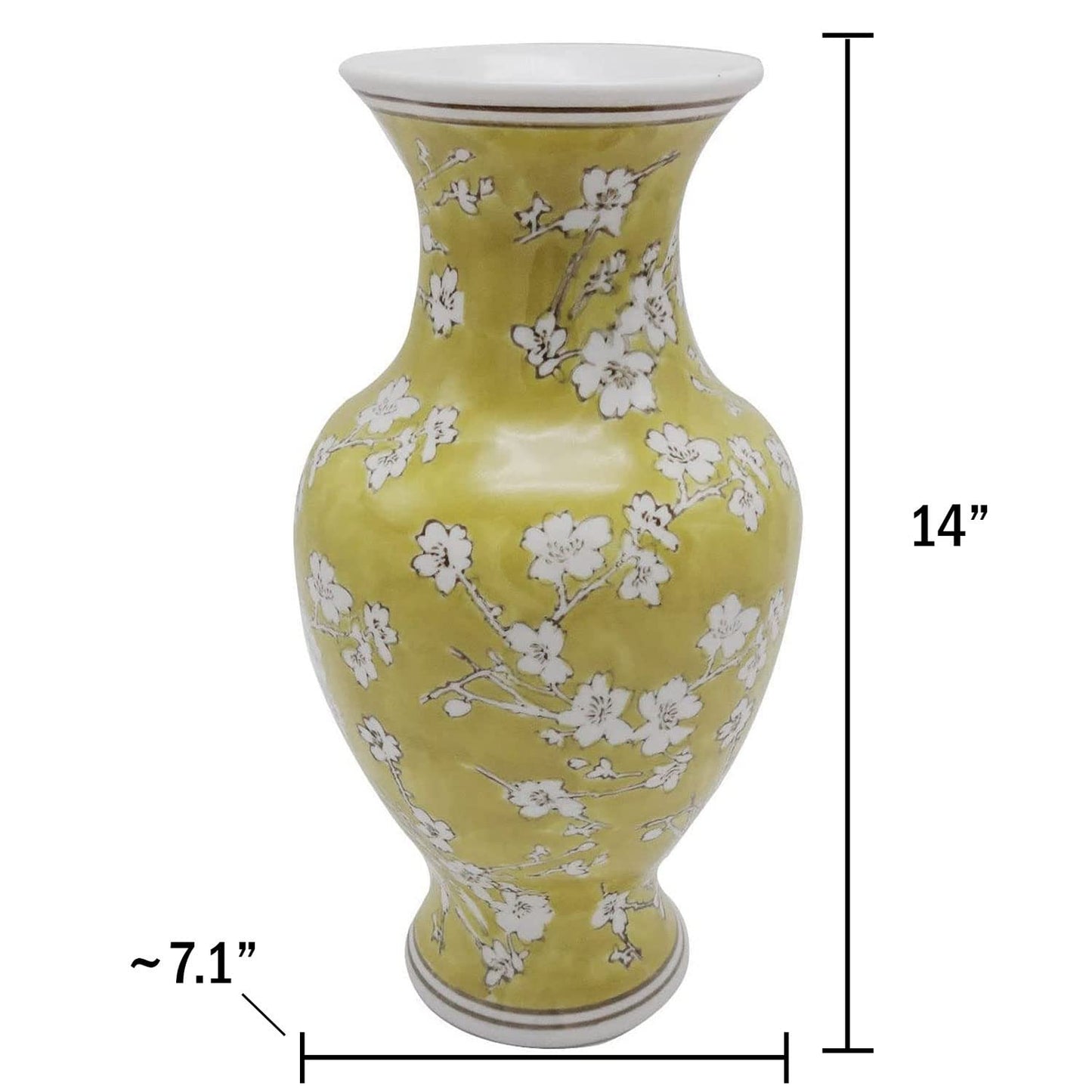 Galt International Yellow and White Sakura Chinoiserie Ceramic Vase 14" - Hand Painted Antique Style Porcelain Japanese Flower Bottle Fishtail Porcelain Chinese Vase for Home Decor Centerpiece