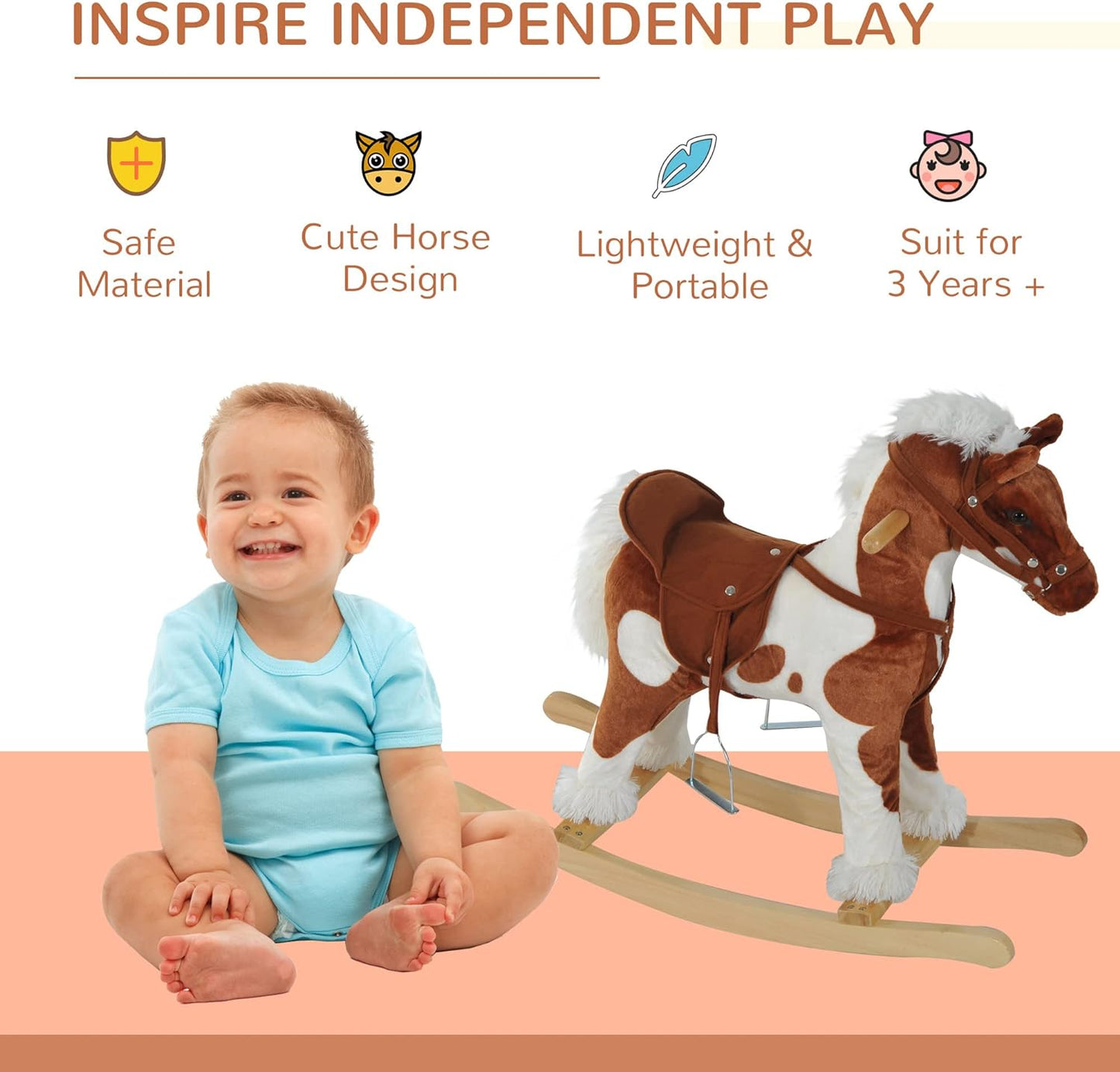 Qaba Wooden Toddler Rocking Horse, Kids Plush Rocking Chair Toy with Nursery Rhyme Music Brown