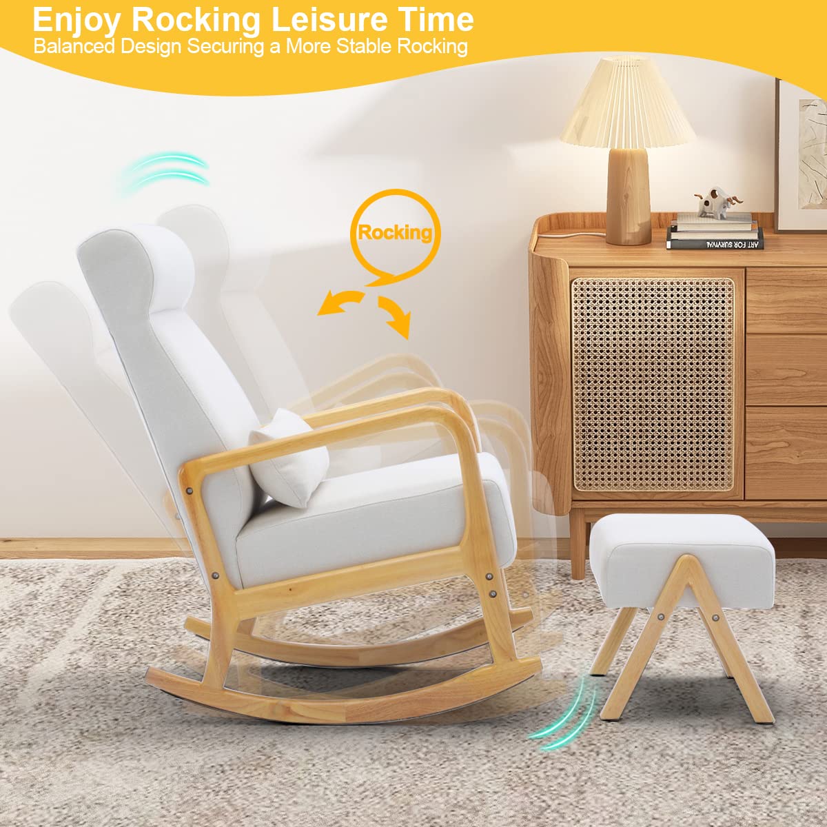 HOMREST Rocking Chair with Ottoman, Mid-Century Modern Upholstered Nursery Rocking Armchair with Footrest& Thick Padded Cushion for Living Baby Room, Bedroom（White）