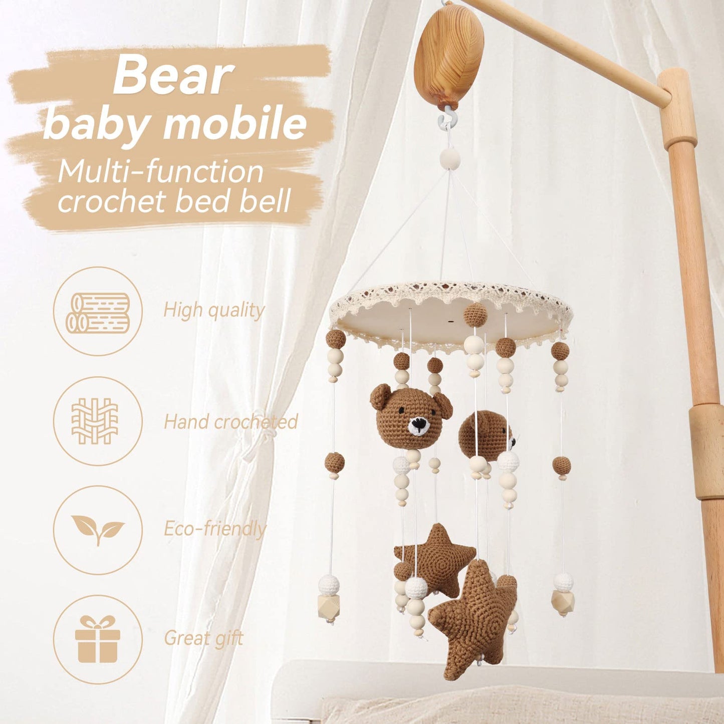 Floor Standing Mobile Arm for Crib, 57.8 Inch Baby Crib Mobile Arm, Baby Mobile Stand - Movable, Anti-Dumping, Adjustable Height, Easy to Assemble - 100% Beech Wood - Nursery Decor