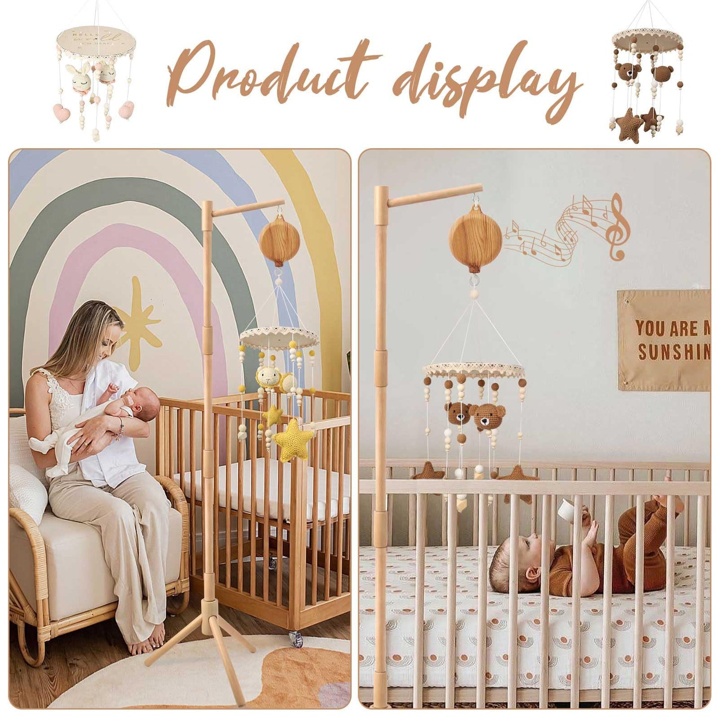 Floor Standing Mobile Arm for Crib, 57.8 Inch Baby Crib Mobile Arm, Baby Mobile Stand - Movable, Anti-Dumping, Adjustable Height, Easy to Assemble - 100% Beech Wood - Nursery Decor