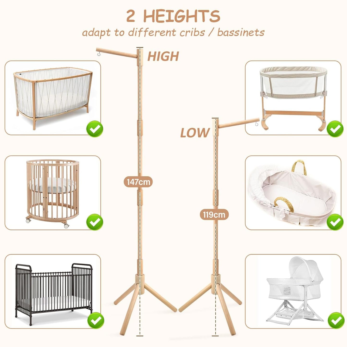 Floor Standing Mobile Arm for Crib, 57.8 Inch Baby Crib Mobile Arm, Baby Mobile Stand - Movable, Anti-Dumping, Adjustable Height, Easy to Assemble - 100% Beech Wood - Nursery Decor