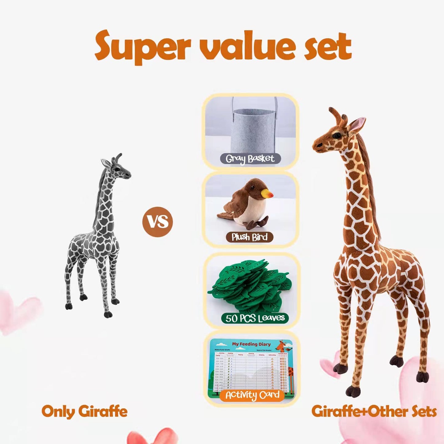 Giant Giraffe Stuffed Animal Set, 47 Inch Large Plush Giraffe Toy with Bird&Basket&Leaves&Card, Big Lifelike Standing Giraffe for Girls Boys