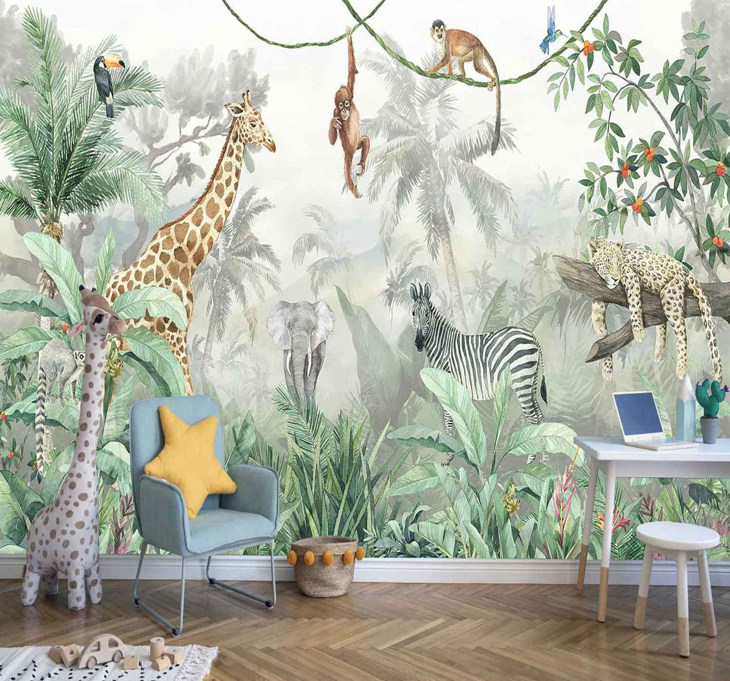 Kids Wallpaper Tropical Leves and Safari Animals Wall Mural for Wall Bedroom Living Room TV Background Sofa Wall (not self-Adhesive)