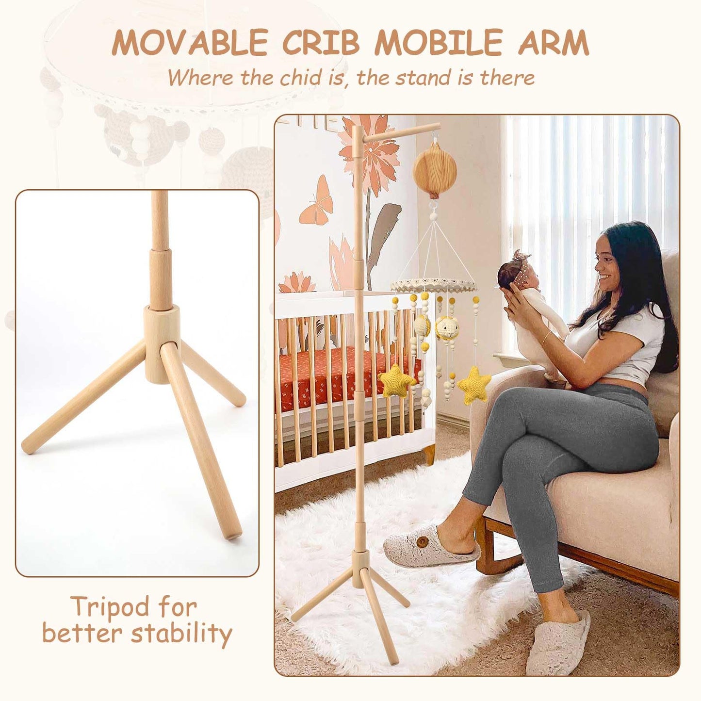 Floor Standing Mobile Arm for Crib, 57.8 Inch Baby Crib Mobile Arm, Baby Mobile Stand - Movable, Anti-Dumping, Adjustable Height, Easy to Assemble - 100% Beech Wood - Nursery Decor