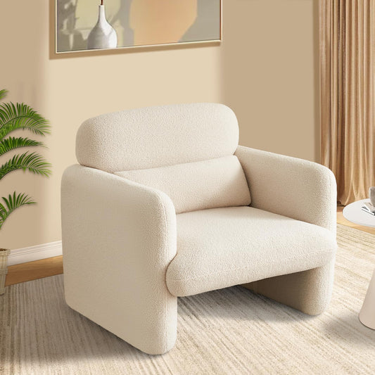 Modern Accent Single Sofa Chair with Arms, Lamb Fabric Upholstered Comfy Reading Arm Chair for Bedroom, Living Room-Beige