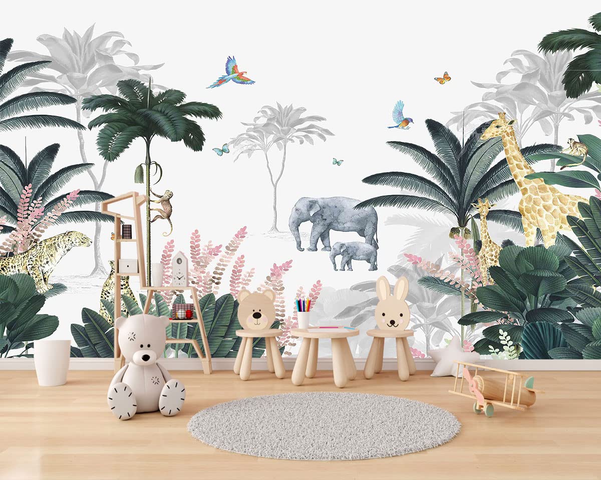 Kids Wallpaper Tropical Leaves and Safari Animals Mural Wallpaper for Bedroom TV Background Sofa Wall (not self-Adhesive)