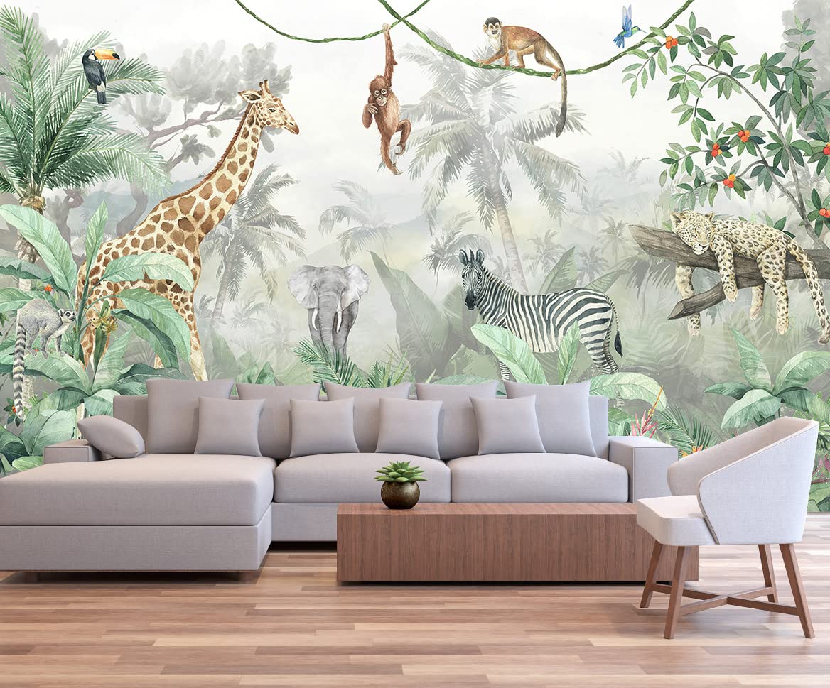 Kids Wallpaper Tropical Leves and Safari Animals Wall Mural for Wall Bedroom Living Room TV Background Sofa Wall (not self-Adhesive)