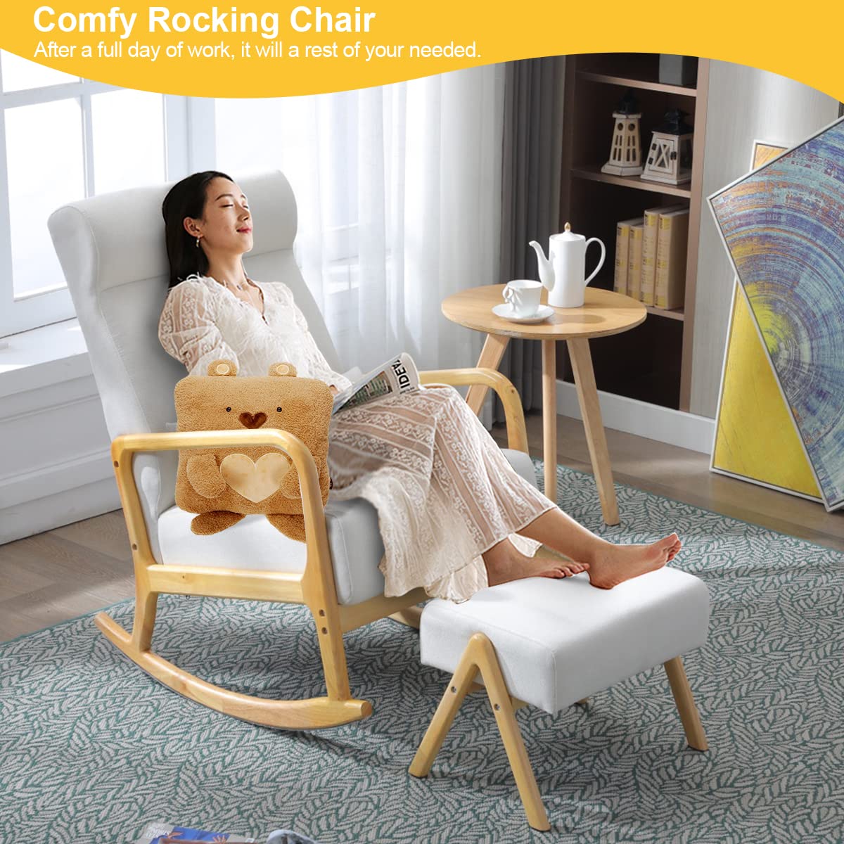 HOMREST Rocking Chair with Ottoman, Mid-Century Modern Upholstered Nursery Rocking Armchair with Footrest& Thick Padded Cushion for Living Baby Room, Bedroom（White）