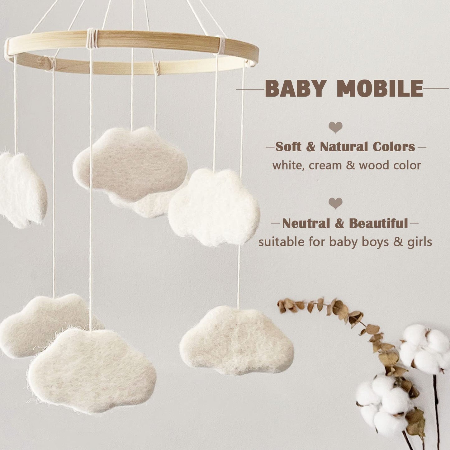 Baby Mobile for Crib - Boho Crib Mobile - Felt Cloud Mobile - Gender Neutral Baby Mobile - Boho Nursery Decor - Crib Mobile for Girls, Boys - Mobile for Bassinet, Pack N Play - Cloud