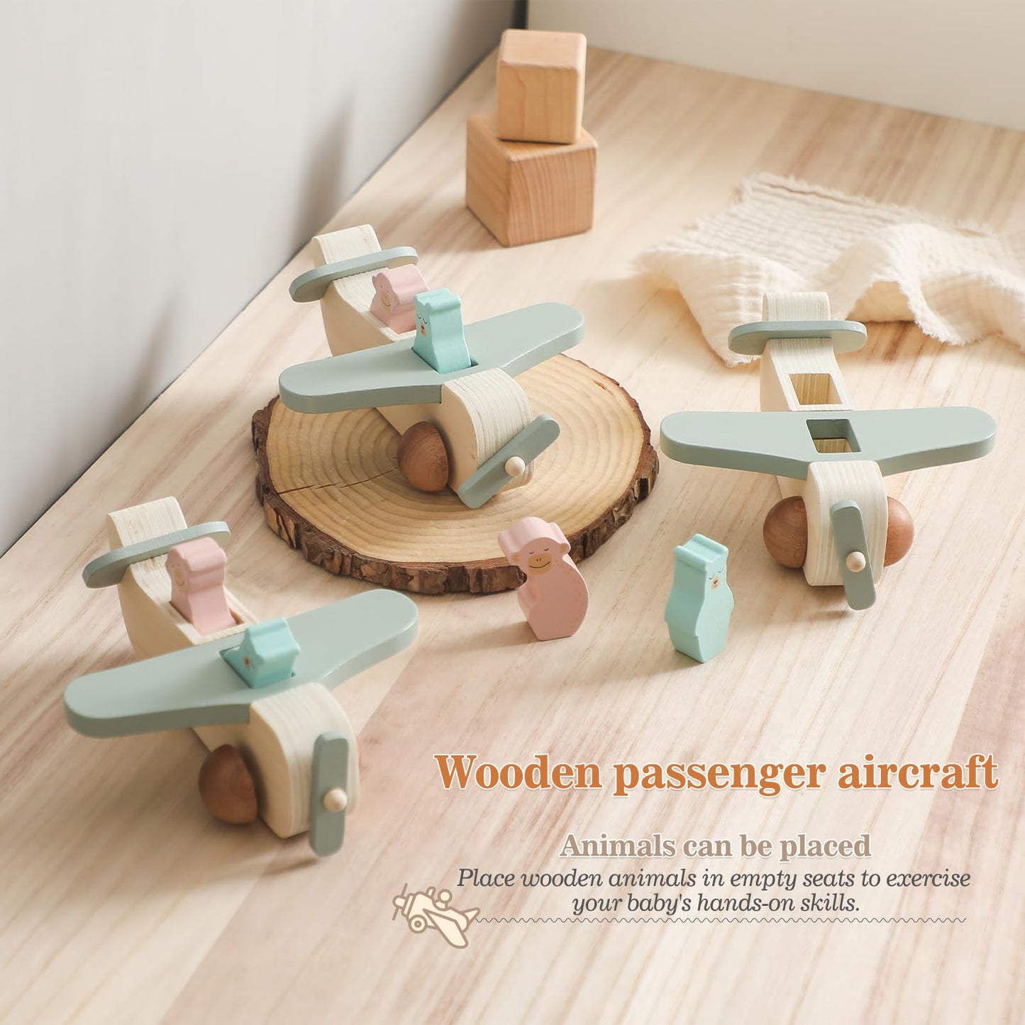 ibwaae Wooden Airplane Toys, Air Transport Vehicles Play Set, Wooden Pull Games, STEM Learning Gift Montessori Toy for Baby Toddler Boys Girls