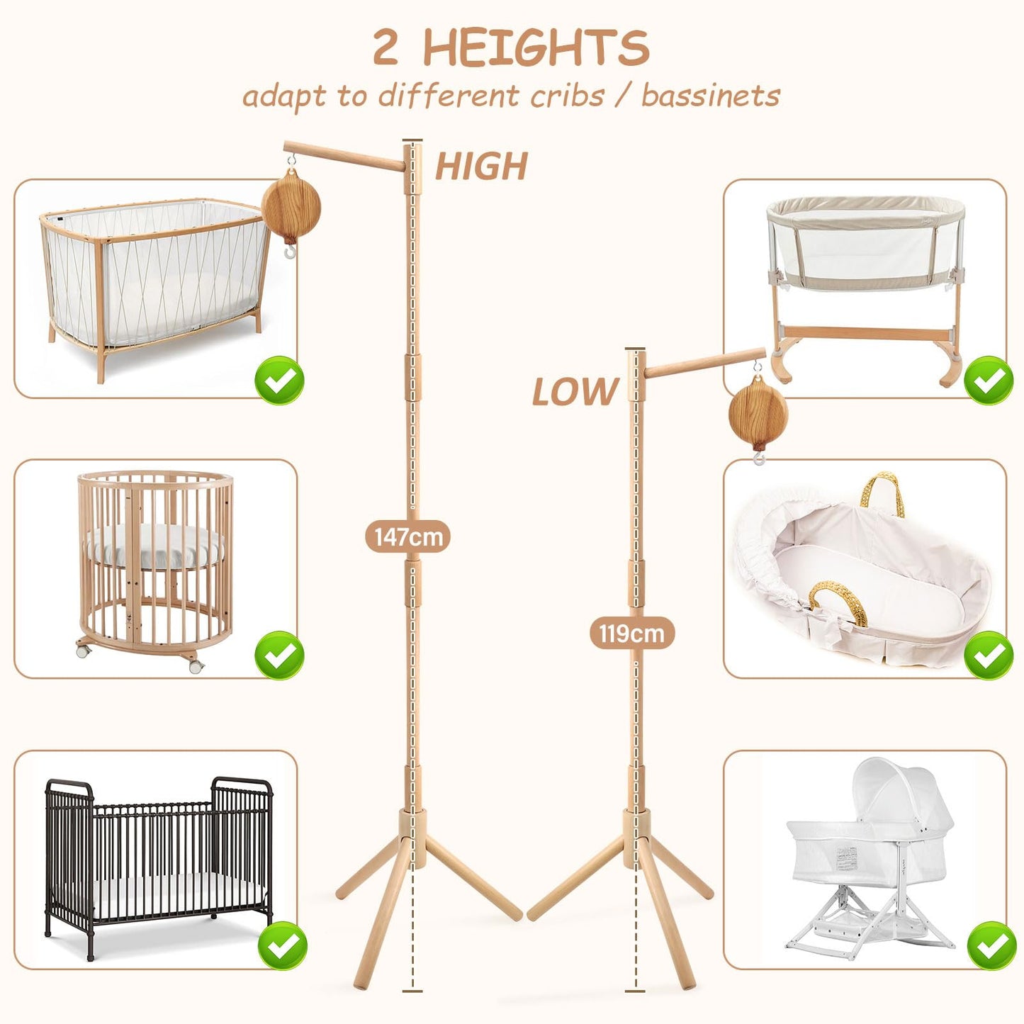 Floor Standing Mobile Arm for Crib, 57.8 Inch Baby Crib Mobile Arm, Baby Mobile Stand - Movable, Anti-Dumping, Adjustable Height, Easy to Assemble - 100% Beech Wood - Nursery Decor