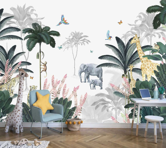 Kids Wallpaper Tropical Leaves and Safari Animals Mural Wallpaper for Bedroom TV Background Sofa Wall (not self-Adhesive)