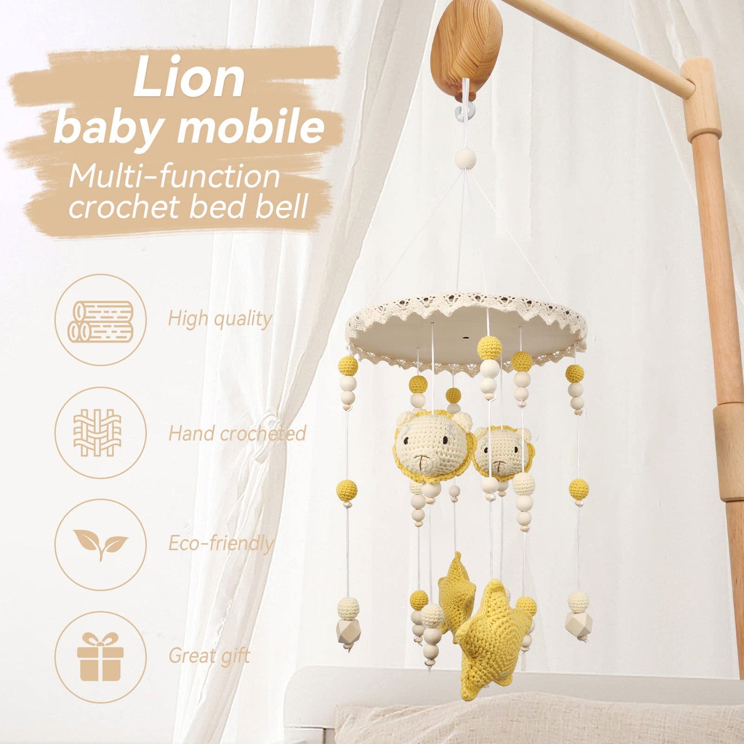 Floor Standing Mobile Arm for Crib, 57.8 Inch Baby Crib Mobile Arm, Baby Mobile Stand - Movable, Anti-Dumping, Adjustable Height, Easy to Assemble - 100% Beech Wood - Nursery Decor