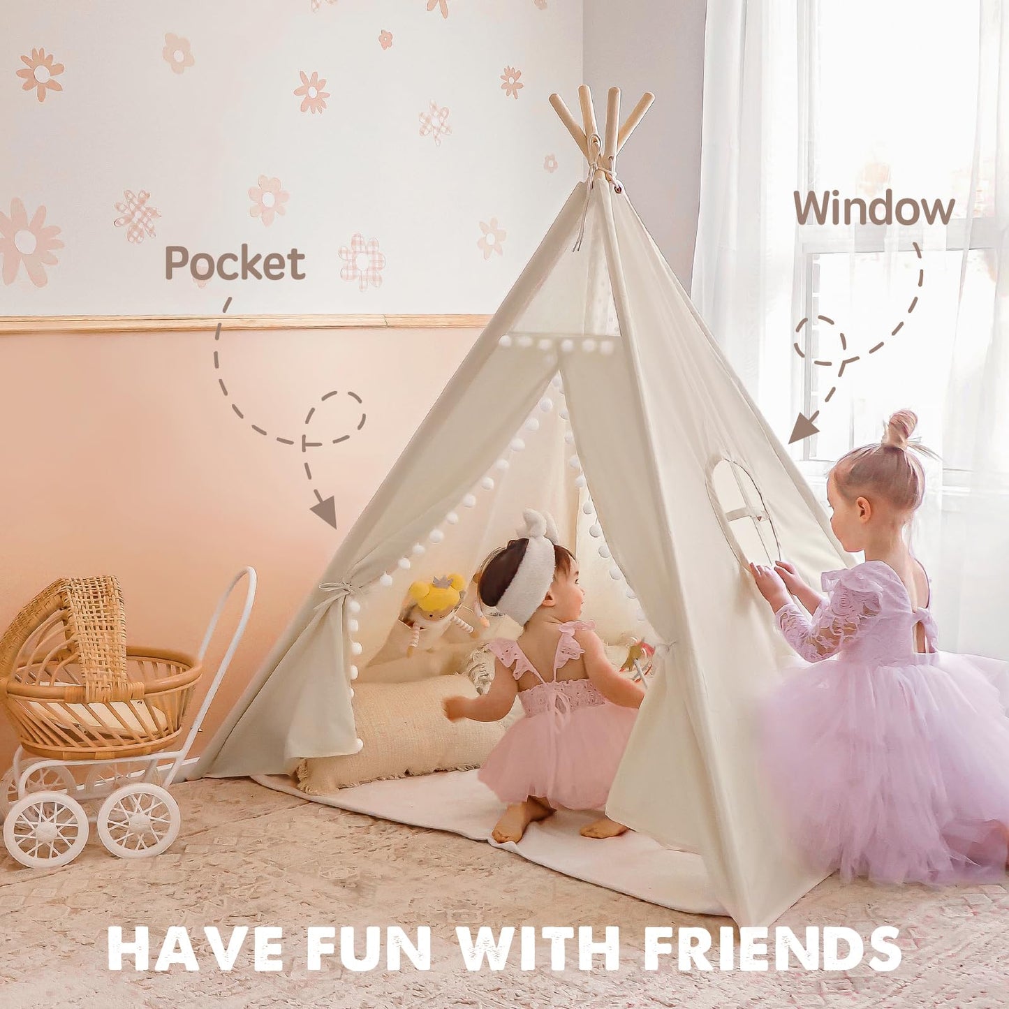 Tiny Land Teepee Tent for Kids Tent Indoor, Canvas Toddler Tent - Kids Teepee Tent for Girls & Boys, Washable Tipi Tent Kids Boho Tent - Foldable Kids Play Tent