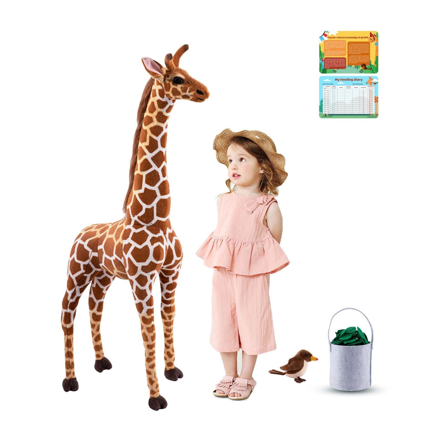 Giant Giraffe Stuffed Animal Set, 47 Inch Large Plush Giraffe Toy with Bird&Basket&Leaves&Card, Big Lifelike Standing Giraffe for Girls Boys