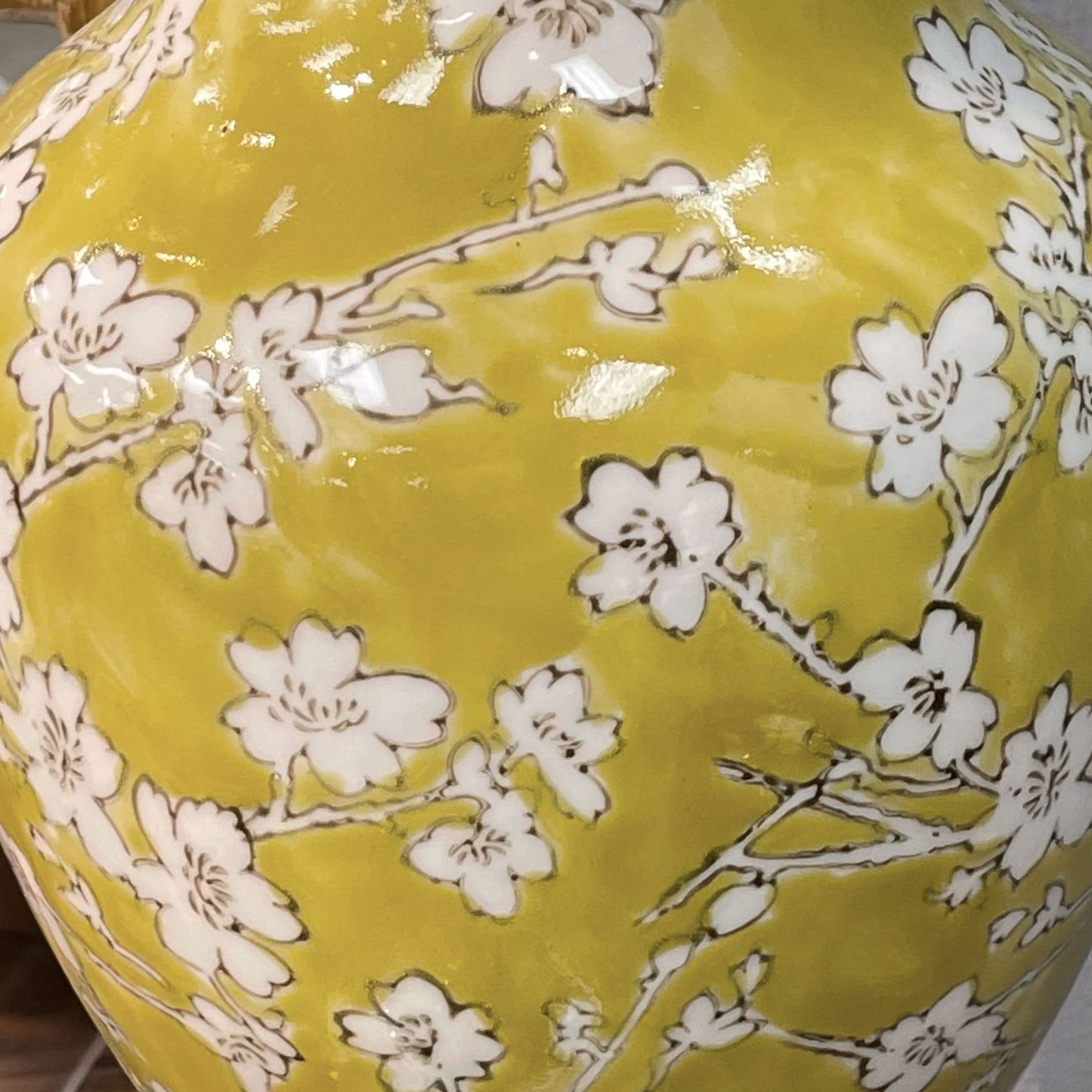 Galt International Yellow and White Sakura Chinoiserie Ceramic Vase 14" - Hand Painted Antique Style Porcelain Japanese Flower Bottle Fishtail Porcelain Chinese Vase for Home Decor Centerpiece